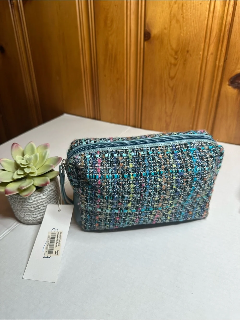 Aqua Blue Multi Tweed Cosmetic Bag